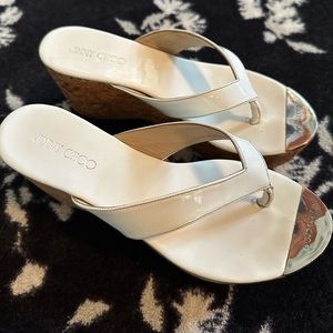 Jimmy Choo white patent wedge Mules